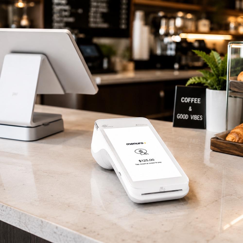 PAX A920Pro terminal on a café counter