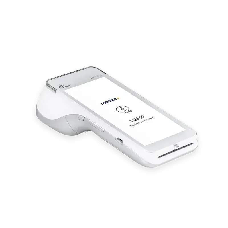 White PAX A920Pro payment terminal displaying Menuro